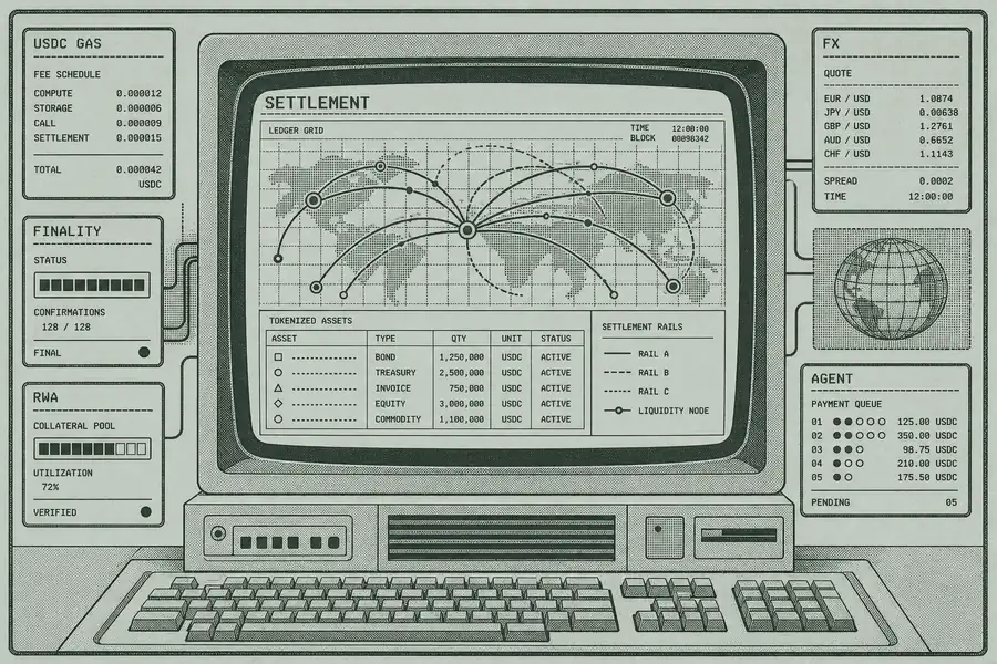 Retro terminal diagram showing settlement rails, FX, RWA, agents, and USDC gas